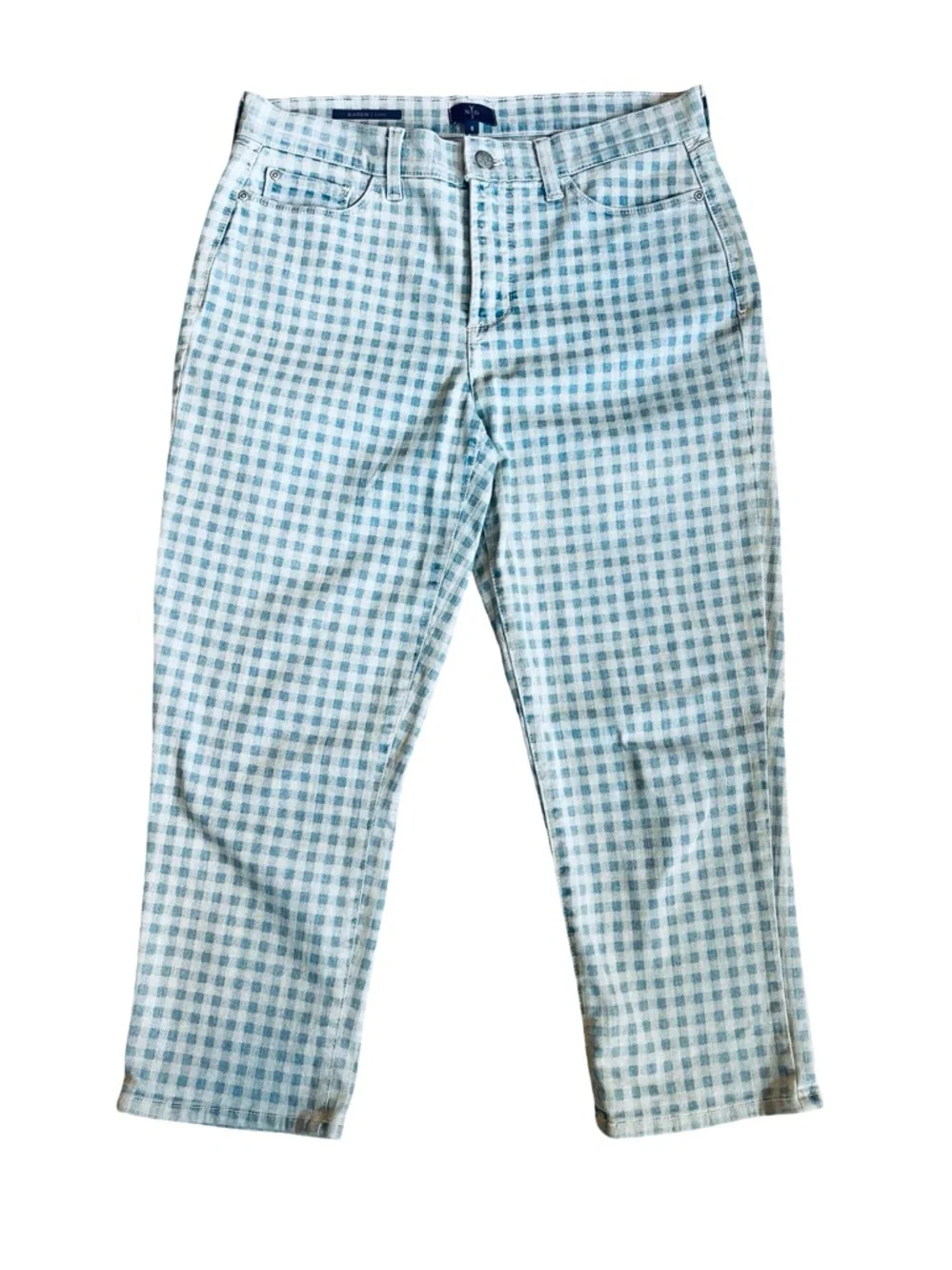 NYDJ Women’s Sz 8 Blue Gingham High Rise Karen Capri Denim Jeans Stretch - Picture 3 of 16